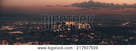 Athens skyline panorama viewed from Mt Lykavitos with Acropolis, Greece.