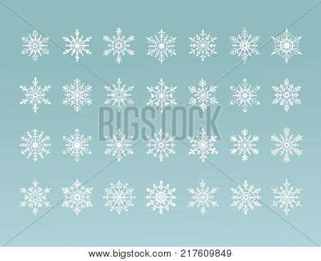 White nowflakes symbols collection isolated on blue background. Vector illustration. Set of snowflake icons.