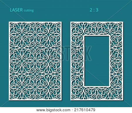 Elegant panels with lace pattern, swirly lattice ornament and rectangle frame for laser cutting or wood carving, cutout paper design, vector decoration for wedding invitation card