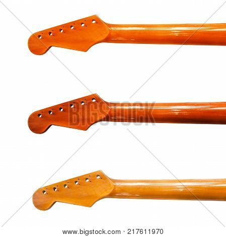Music Instrument Set of Back Side Electric Guitar Neck and Headstock without Strings Isolated on White Background.