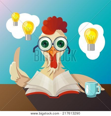 Vector rooster with glasses reading a book, he had the idea, drinking tea