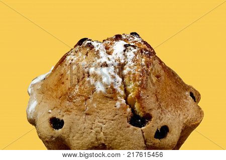 Cupcake sprinkled with sweet powder on the yellow background