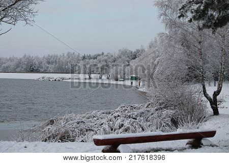 beautiful white frozen and snow day on empty sea shore