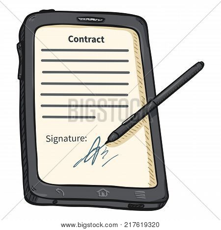 Vector Single Cartoon Gray Tablet PC with Stilus and Signatured Contract on Display