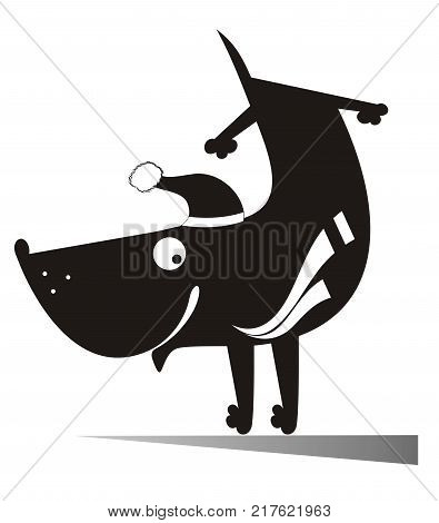 Happy smiling cartoon dog stays head over heels isolated. Happy smiling cartoon dog wearing a hat and muffler stays head over heels and joys of life