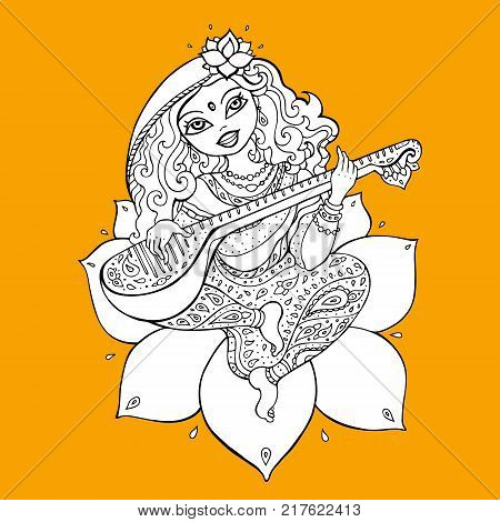 Hindu Goddess Saraswati. Vector hand drawn illustration.