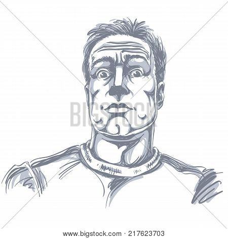 Artistic hand-drawn vector image black and white portrait of impressed man. Emotions theme illustration dazed guy.