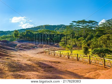 Beautiful landscape of Chamarel Waterfall in the tropical jungle of Mauritius island