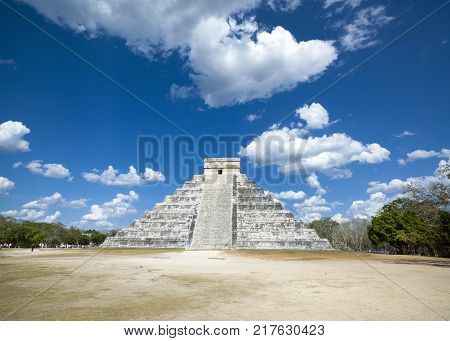 El Castillo pyramid - Temple of Kukulcan in the ancient Mayan ruins of Chichen Itza Mexico