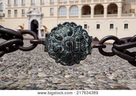 Stainless steel chain links. Industrial metal background