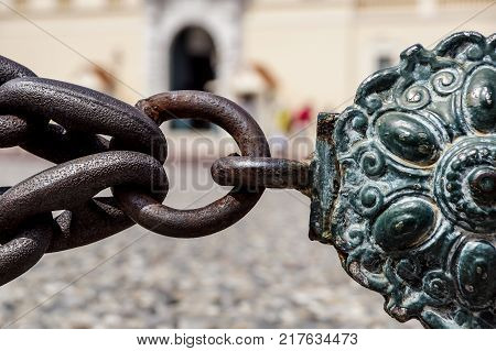 Stainless steel chain links. Industrial metal background