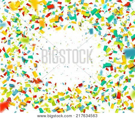 Colorful confetti falling randomly. Abstract orange background with explosion particles. Vector illustration can be used for greeting card, carnival, celebration.