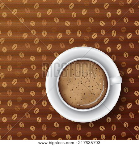 White mug of coffee with saucer coffee foam and bubbles. Top view realistic vector. Seamless coffee grains textile pattern