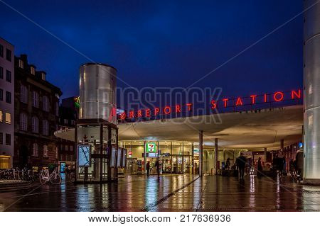 The Norreport station at night people walking to the metro Copenhagen Denmark December 5 2017
