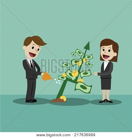 Businessman looking for growth chart , money and pointing finger to raise the graph get a lot of money. Chart growth and success concept. Cartoon Vector Illustration.