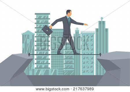 Business risk rope. Businessman walking on tightrope on background big modern city. Way to success. Vector flat design. Success in business concept. Symbol of courage, motivational business template.