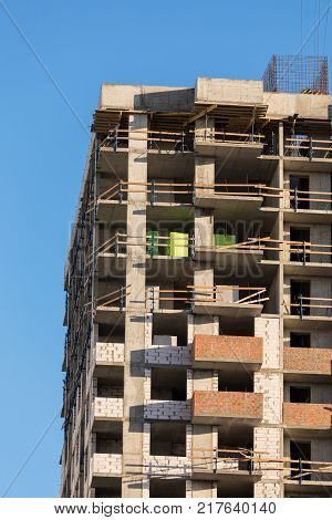 Monolithic frame construction of the building. The framework for the walls. Formwork for walls made of concrete. Construction of the building. Masonry walls and aerated concrete masonry walls