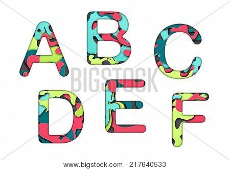 Set of letters font a, b, c, d, e, f. Multilayer colorful letters. Paper art carving. Creative typography characters.