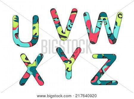 Set of letters font u, v, w, x, y, z. Multilayer colorful letters. Paper art carving. Creative typography characters.