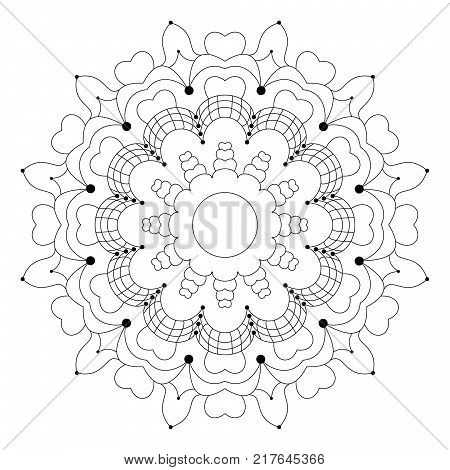 vector black and white circular flower mandala with hearts - adult coloring book page