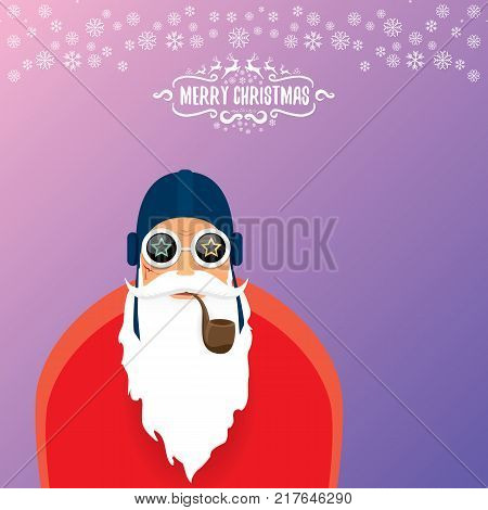vector DJ rock n roll santa claus with smoking pipe, santa beard and funky santa hat isolated on violetred christmas square background with snowflakes. Christmas hipster party poster with snowflakes.