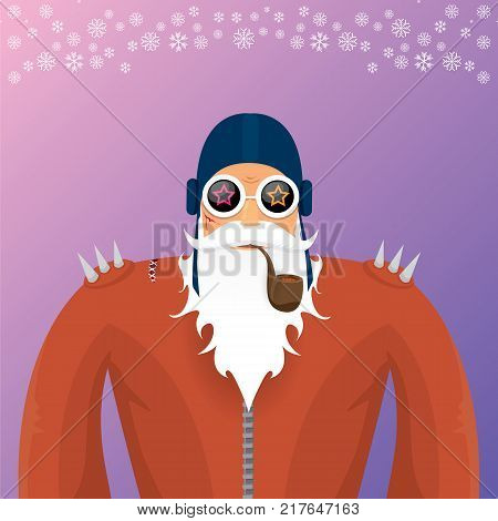 vector DJ rock n roll santa claus with smoking pipe, santa beard and funky santa hat isolated on violetred christmas square background with snowflakes. Christmas hipster party poster with snowflakes.