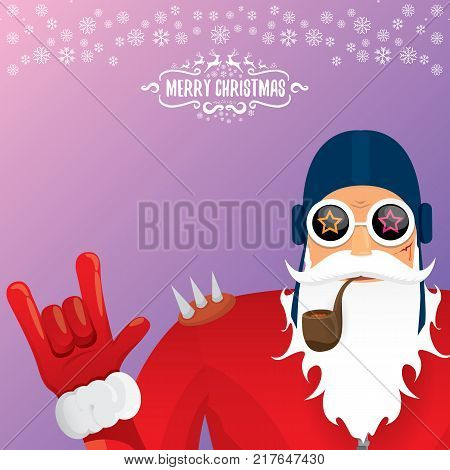 vector DJ rock n roll santa claus with smoking pipe, santa beard and funky santa hat isolated on violetred christmas square background with snowflakes. Christmas hipster party poster with snowflakes.
