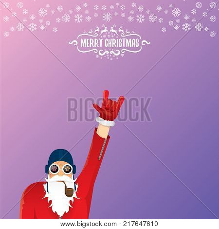 vector DJ rock n roll santa claus with smoking pipe, santa beard and funky santa hat isolated on violetred christmas square background with snowflakes. Christmas hipster party poster with snowflakes.