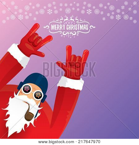 vector DJ rock n roll santa claus with smoking pipe, santa beard and funky santa hat isolated on violetred christmas square background with snowflakes. Christmas hipster party poster with snowflakes.