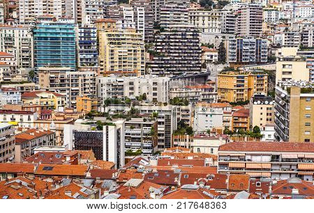 Aerial view of traditional red house roofs at the Montecarlo Town Square, Monaaco Republic .
