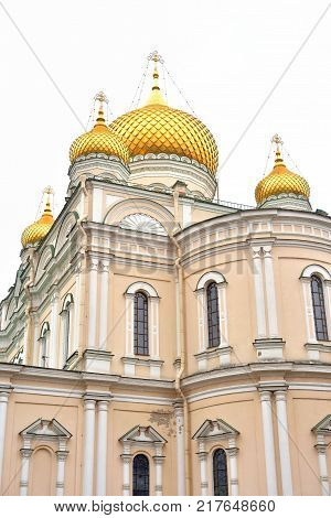 Voskresensky Cathedral of Orthodox Voskresensky Novodevichy Convent at cloud day in St.Petersburg Russia.