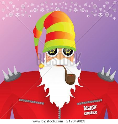 vector DJ rock n roll santa claus with smoking pipe, santa beard and funky santa hat isolated on violetred christmas square background with snowflakes. Christmas hipster party poster with snowflakes.