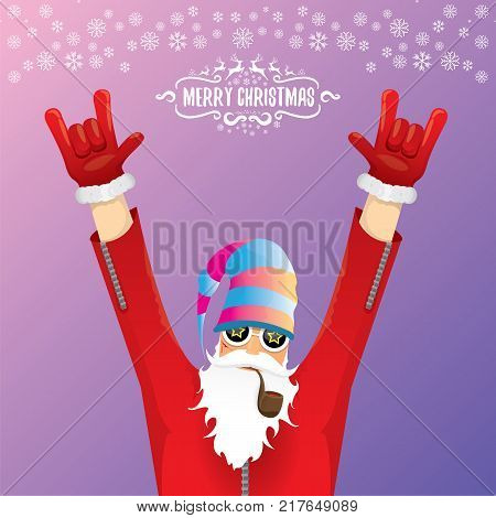 vector DJ rock n roll santa claus with smoking pipe, santa beard and funky santa hat isolated on violetred christmas square background with snowflakes. Christmas hipster party poster with snowflakes.