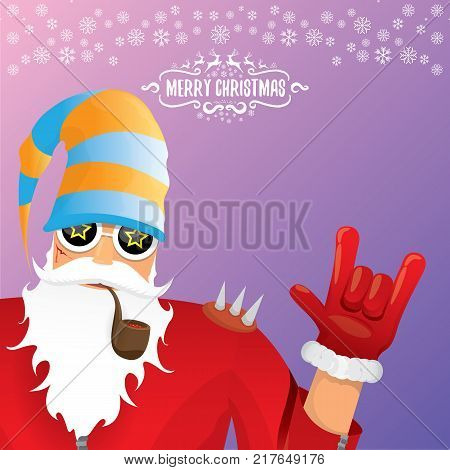 vector DJ rock n roll santa claus with smoking pipe, santa beard and funky santa hat isolated on violetred christmas square background with snowflakes. Christmas hipster party poster with snowflakes.