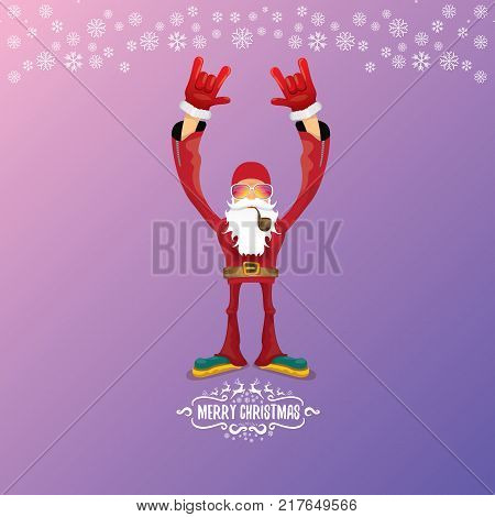 vector DJ rock n roll santa claus with smoking pipe, santa beard and funky santa hat isolated on violetred christmas square background with snowflakes. Christmas hipster party poster with snowflakes.