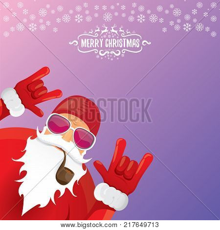 vector DJ rock n roll santa claus with smoking pipe, santa beard and funky santa hat isolated on violetred christmas square background with snowflakes. Christmas hipster party poster with snowflakes.