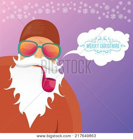 vector DJ rock n roll santa claus with smoking pipe, santa beard and funky santa hat isolated on violetred christmas square background with snowflakes. Christmas hipster party poster with snowflakes.