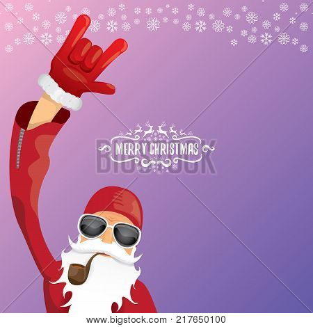 vector DJ rock n roll santa claus with smoking pipe, santa beard and funky santa hat isolated on violetred christmas square background with snowflakes. Christmas hipster party poster with snowflakes.