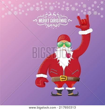 vector DJ rock n roll santa claus with smoking pipe, santa beard and funky santa hat isolated on violetred christmas square background with snowflakes. Christmas hipster party poster with snowflakes.