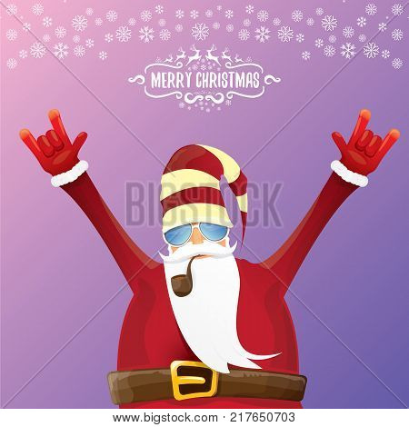 vector DJ rock n roll santa claus with smoking pipe, santa beard and funky santa hat isolated on violetred christmas square background with snowflakes. Christmas hipster party poster with snowflakes.