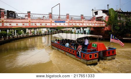 MALACCA MALAYSIA SEPTEMBER 20 2017: River scene in Malaysia's colorful and historic World Heritage City, Melaka