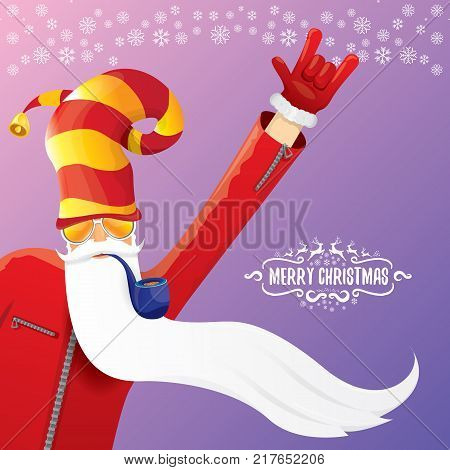 vector DJ rock n roll santa claus with smoking pipe, santa beard and funky santa hat isolated on violetred christmas square background with snowflakes. Christmas hipster party poster with snowflakes.