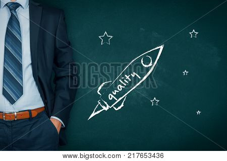 Businessman help to speedily increase product quality represented by spaceship.