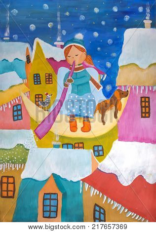 Children's gouache painting "Fantastic Christmas winter night"