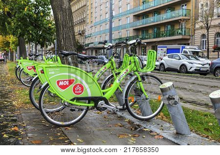 BUDAPEST, HUNGARY- 27 OCTOBER 2017: Bicycle rental in Budapest. Bicycles are parked