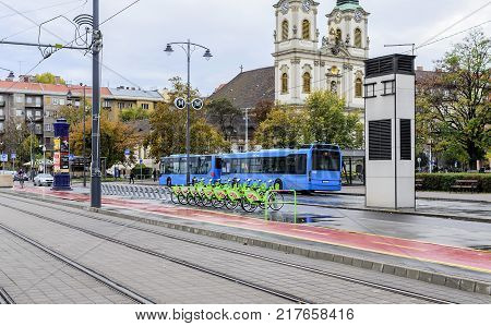 BUDAPEST, HUNGARY- 27 OCTOBER 2017: Bicycle rental in Budapest. Bicycles are parked