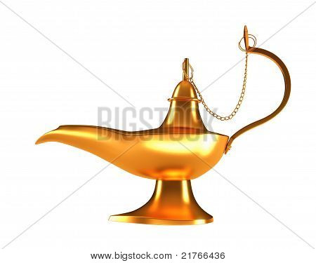 Genie kultainen lamppu eristetty valkoinen