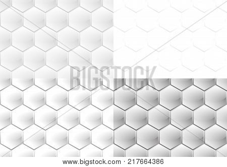 Set of four seamless patterns in the form of vertical white convex hexagons with a glossy and a matte finish similar to honeycomb