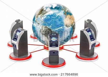 Global banking service concept ATMs around the Earth Globe 3D rendering isolated on white background