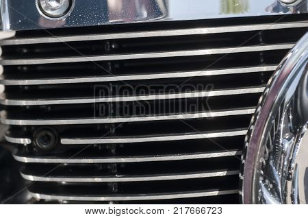 Side view of a custom motorcycle engine